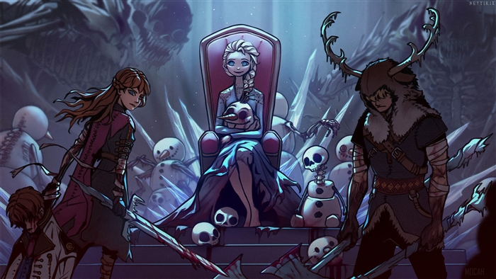 Elsa from Frozen on Throne with Anna and Hunter