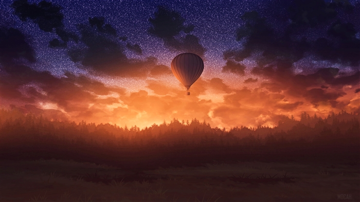 Hot air balloon over forest at sunrise 4K