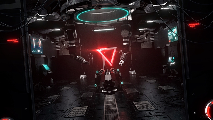 Sci-fi laboratory with robot and glowing triangle
