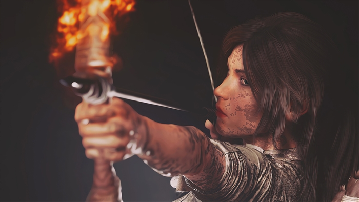 Lara Croft from Tomb Raider aiming a flaming bow 4K