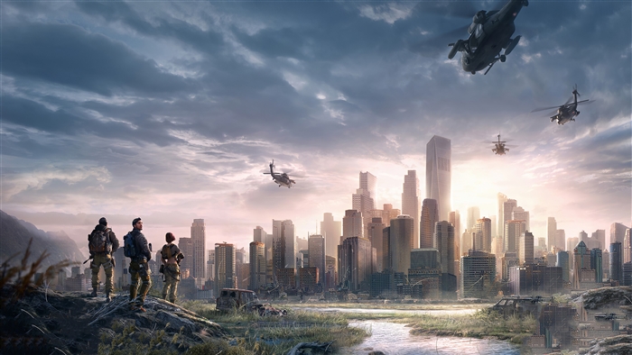 Survivors Overlook Ruined City with Helicopters 4K