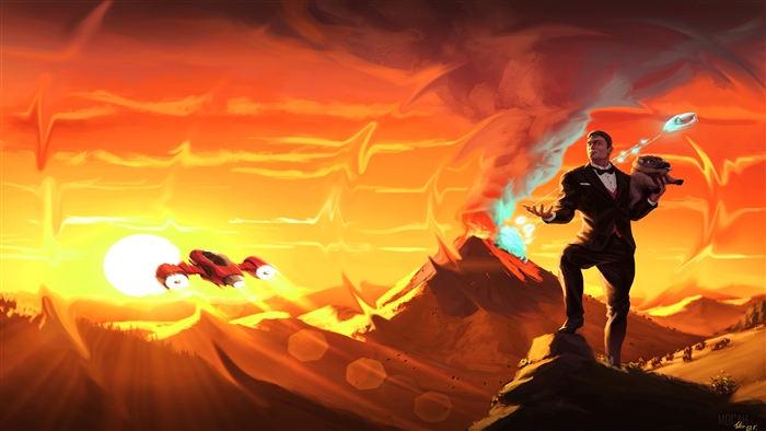 Man in tuxedo holding a creature near a volcano