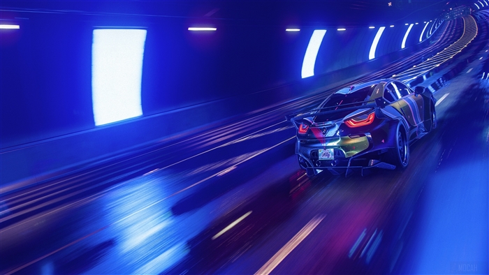 Car driving through a neon tunnel in NFS Heat 4K