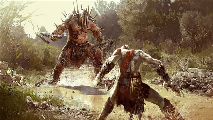 Kratos fighting a giant in God of War 4K