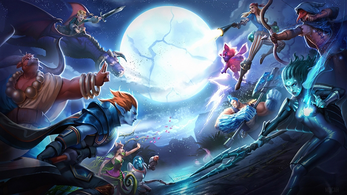Heroes clashing under a large moon in Strife: Hero Clash 4K