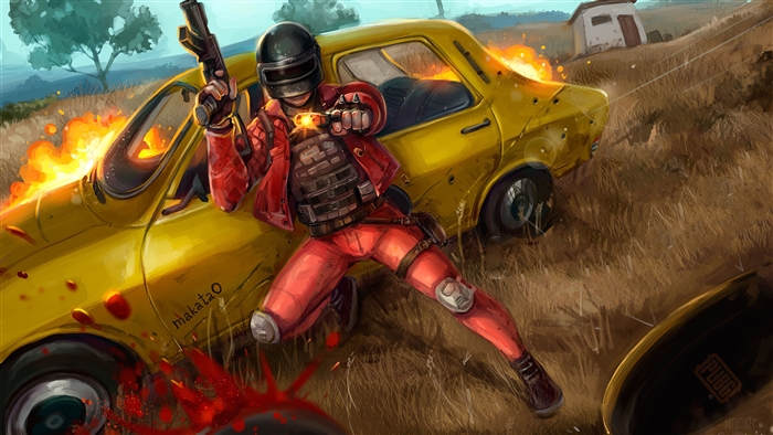 Player defending near a burning car in PUBG 4K