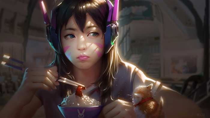 D.Va from Overwatch eating rice with a kitten