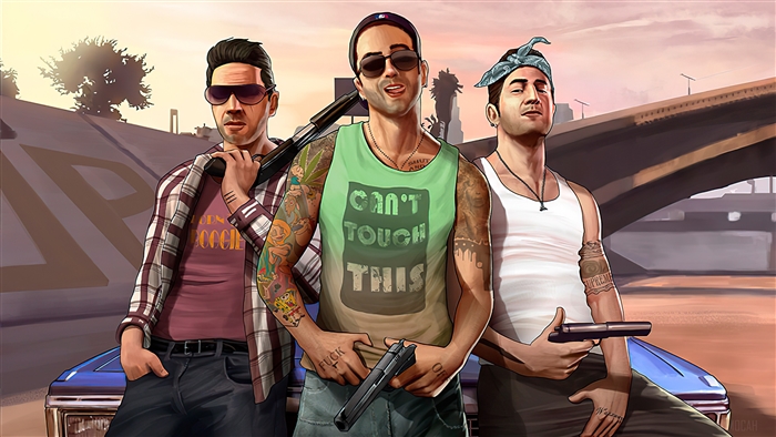 Three men with guns in Grand Theft Auto V