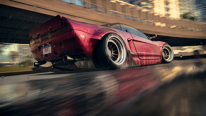 Red NFS Heat car driving on wet road