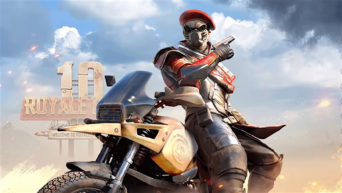 Man in armor on a motorcycle with "10 Royale" sign