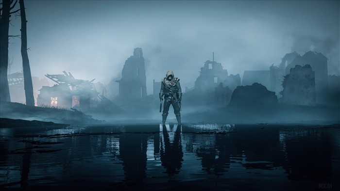 Soldier in ruined city with fog