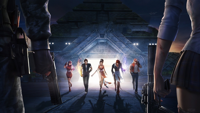 Characters in front of a pyramid structure