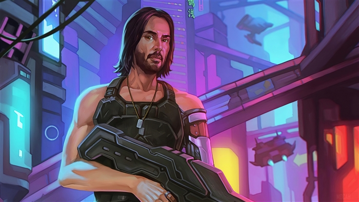 Man with gun in Cyberpunk 2077 city 4K