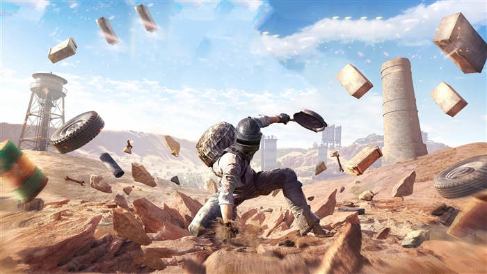 Player from PUBG holding a frying pan in a desert landscape