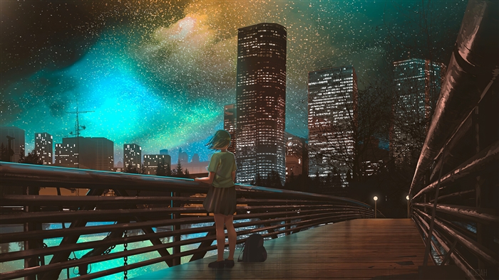 Anime girl looking at city skyline under starry sky 4K