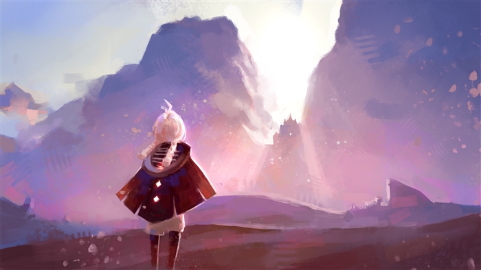Anime girl in red cape looking at mountains
