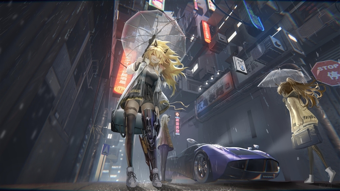 Cyberpunk Anime Girls in Rain with Car 4K