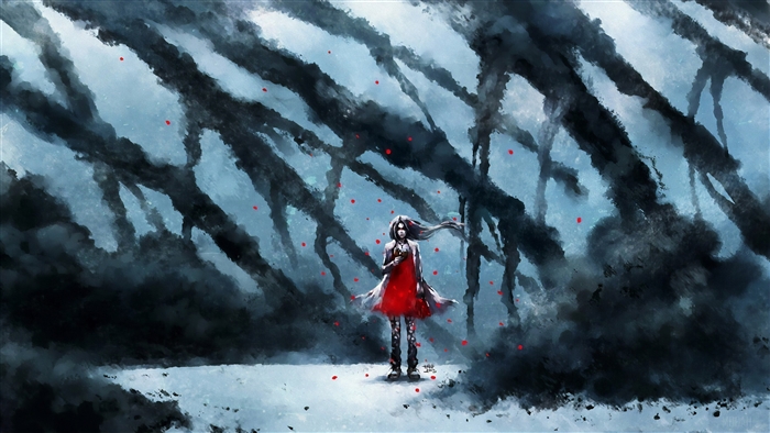 Girl in red dress in smoky forest