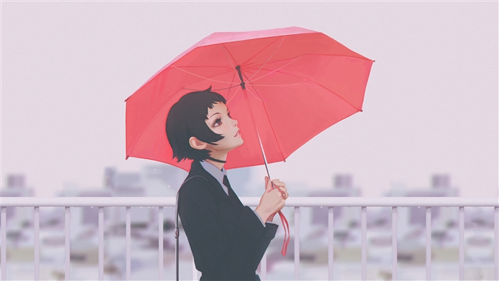 Anime Girl with Red Umbrella 4K