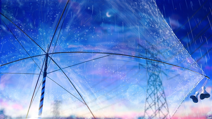 Anime Umbrella in Rain with Power Lines 4K