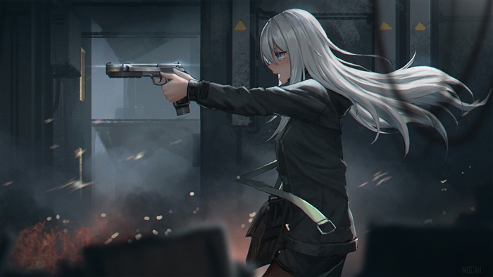 Girl with white hair shooting a gun in a shooting range