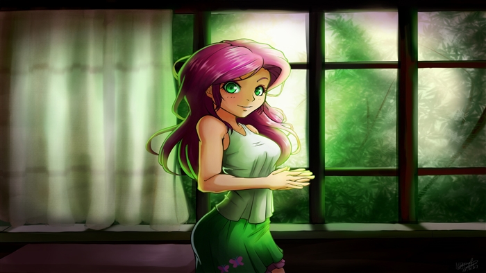 Anime girl with pink hair by a window in green light 4K