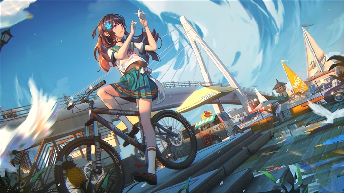 Anime Girl with Cycle on a Bridge 4K