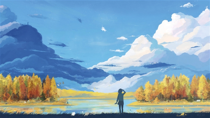 Anime Landscape with Girl and Autumn Trees 4K