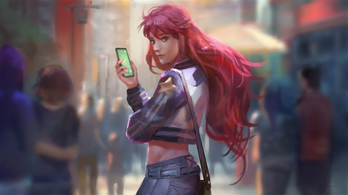 Woman with red hair holding a smartphone in 4K