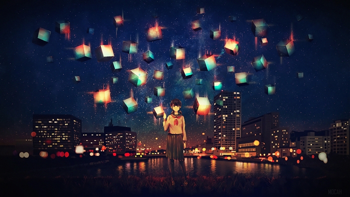 Anime girl with glowing cubes in city at night 4K
