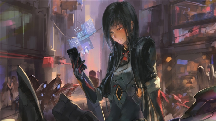 Girl using holographic phone in futuristic city 4K