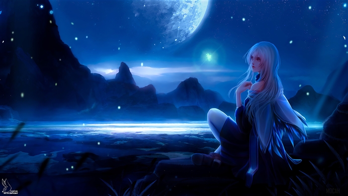 Anime girl sitting by the water under the moonlight 4K