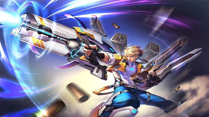 Agent with futuristic weapons firing energy blast