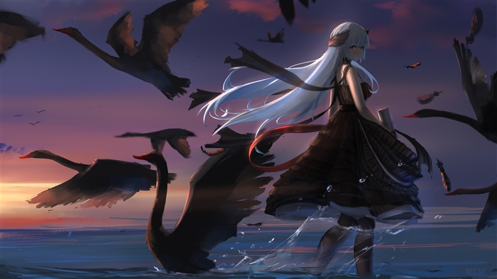 Anime Girl with Black Swans 4K