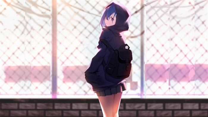 Anime Girl with Blue Hair in Hoodie 4K