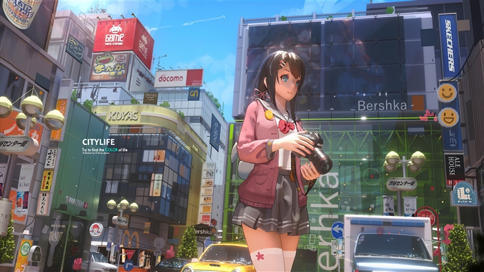 Anime Girl With Camera in City Life 4K