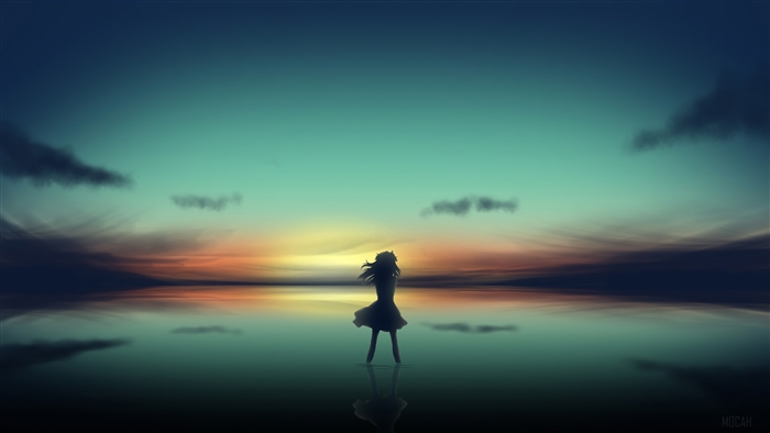 Anime Girl on Pier at Sunset 4K