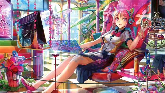 Colorful Anime Girl with Headphones and Futuristic Keyboard