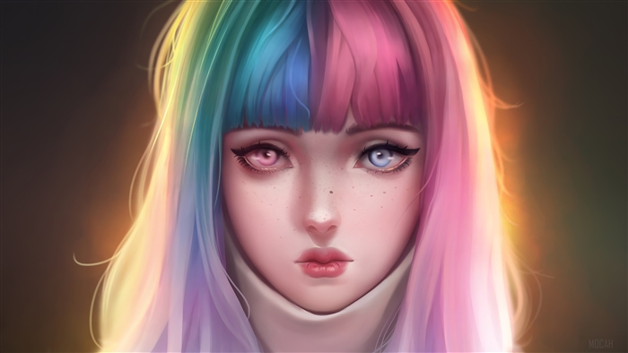 Anime Girl with Colorful Hair and Heterochromia 4K
