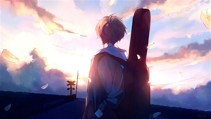 Anime Boy with Guitar Case at Sunset