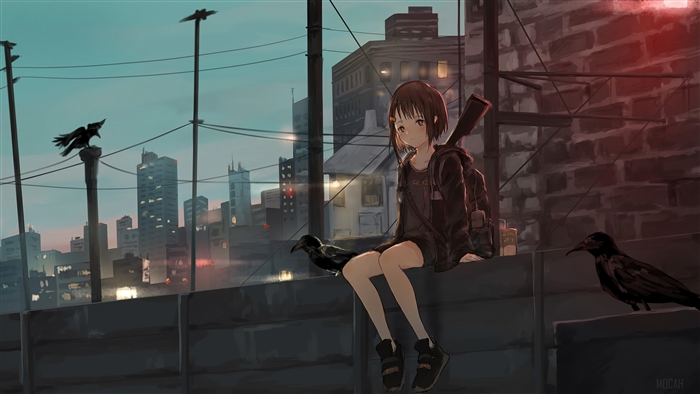 Anime girl with rifle on rooftop with crows 4K