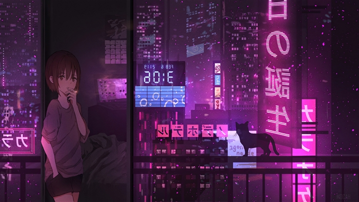 Anime Girl Smoking on Balcony with Cat and Neon Cityscape 4K