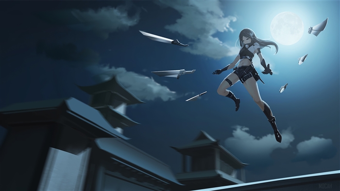 Anime girl throwing swords under the moon