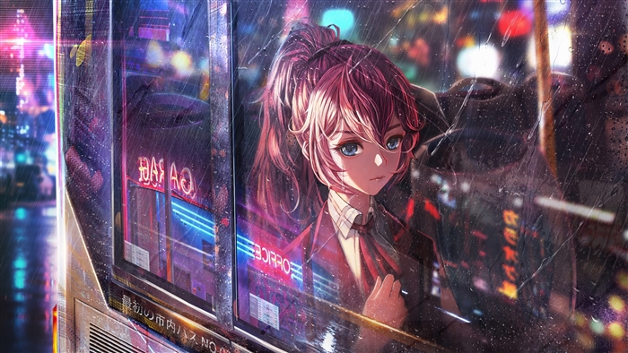 Anime Girl in Bus Window at Neon City 4K