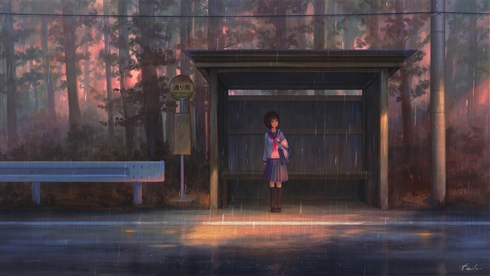 Anime girl at a bus stop in the rain 4K