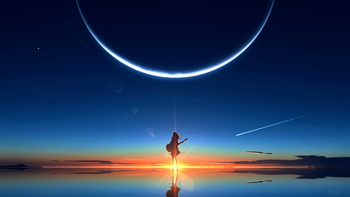 Anime Girl Playing Guitar Under Crescent Moon 4K
