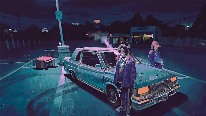Anime girls in parking lot 4k