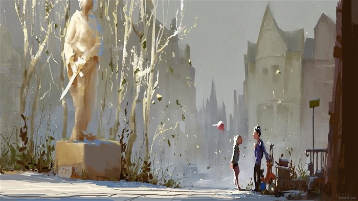 Statue and two people in a town square 4K