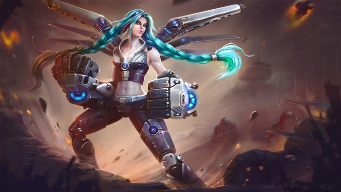 Woman with mechanical arms and pigtails in sci-fi setting