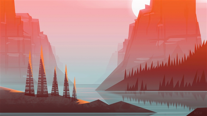 Canyon landscape with river and sun